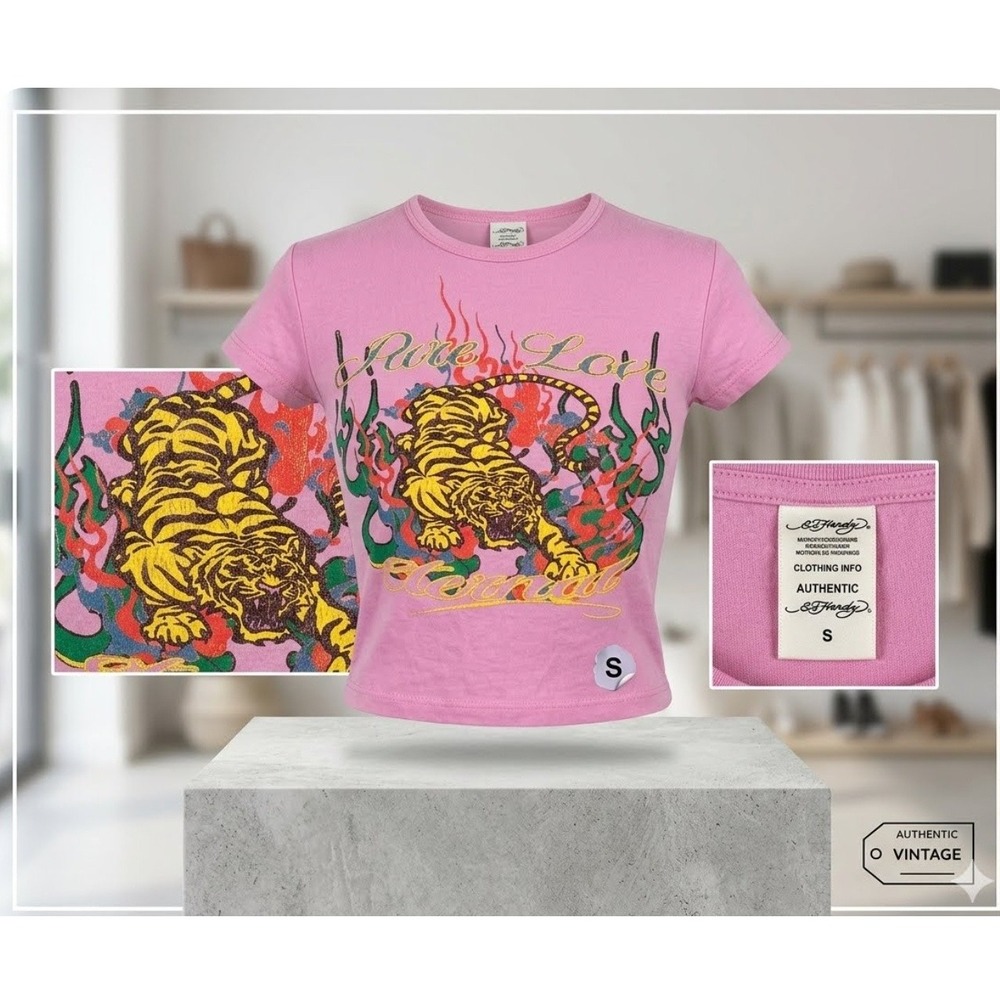 Y2K Ed Hardy Womens Pink Tiger Baby Tee Pure Love Eternal Graphic T-Shirt Small
